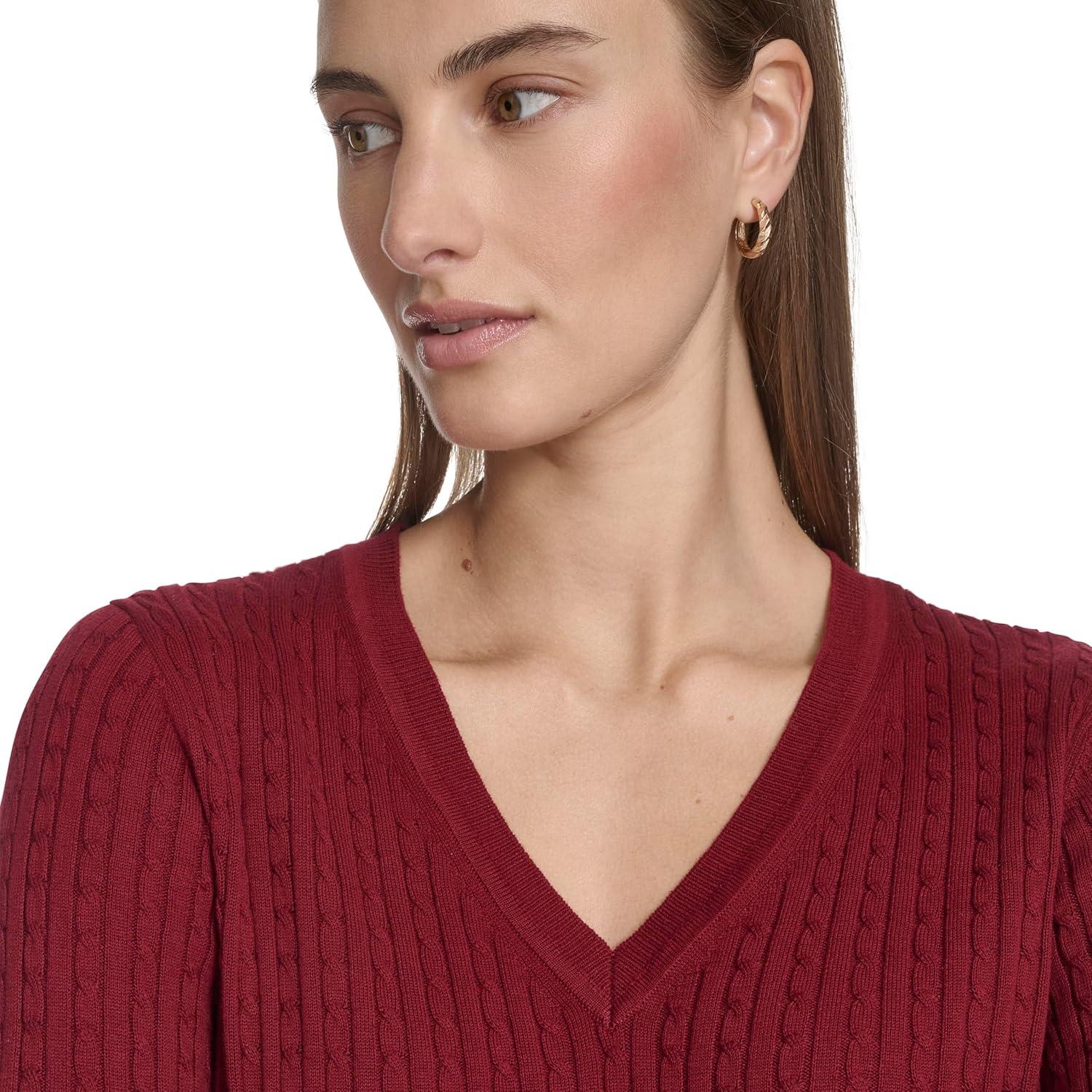 imageNautica Womens Long Sleeve Cable VNeck SweaterDeep Rouge