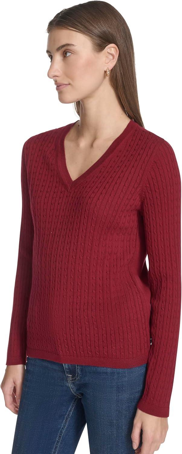imageNautica Womens Long Sleeve Cable VNeck SweaterDeep Rouge