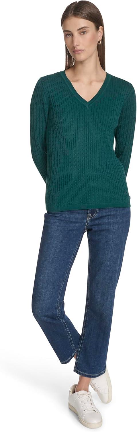 imageNautica Womens Long Sleeve Cable VNeck SweaterForest