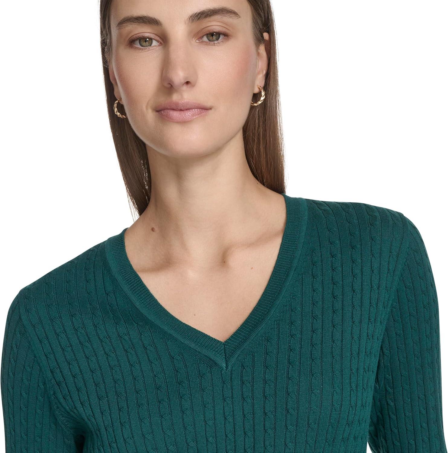 imageNautica Womens Long Sleeve Cable VNeck SweaterForest