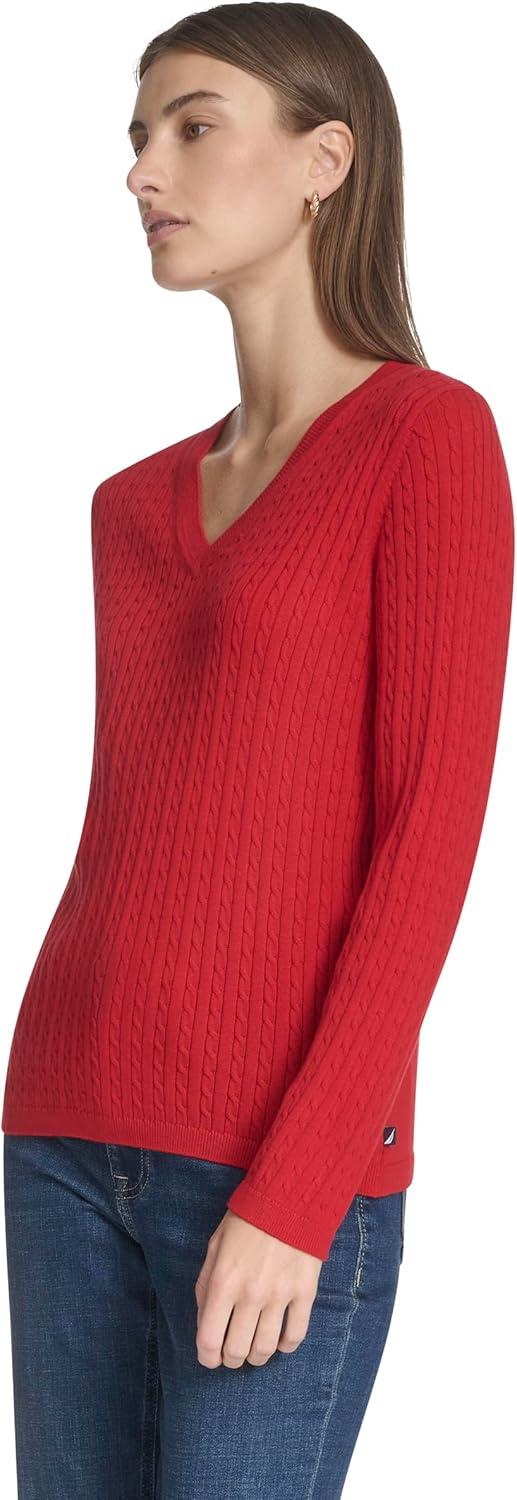 imageNautica Womens Long Sleeve Cable VNeck SweaterHaute Red
