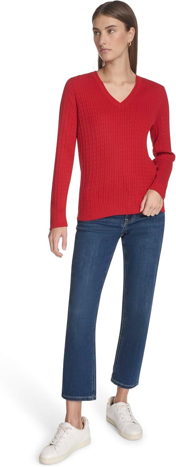 imageNautica Womens Long Sleeve Cable VNeck SweaterHaute Red