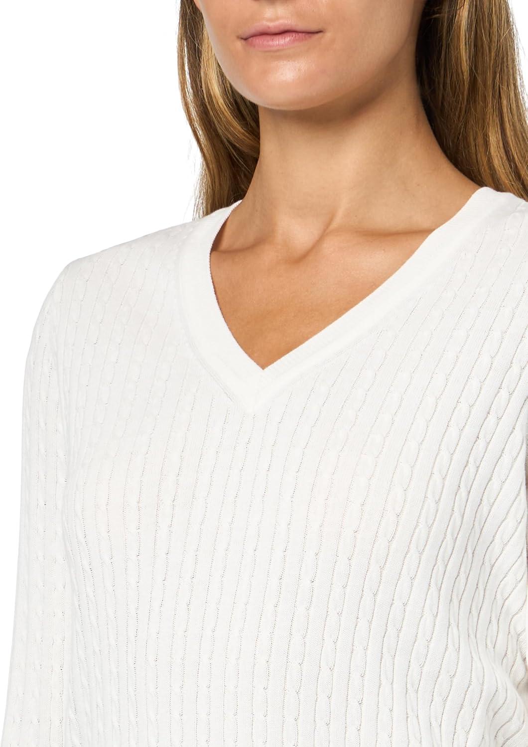 imageNautica Womens Long Sleeve Cable VNeck SweaterIvory