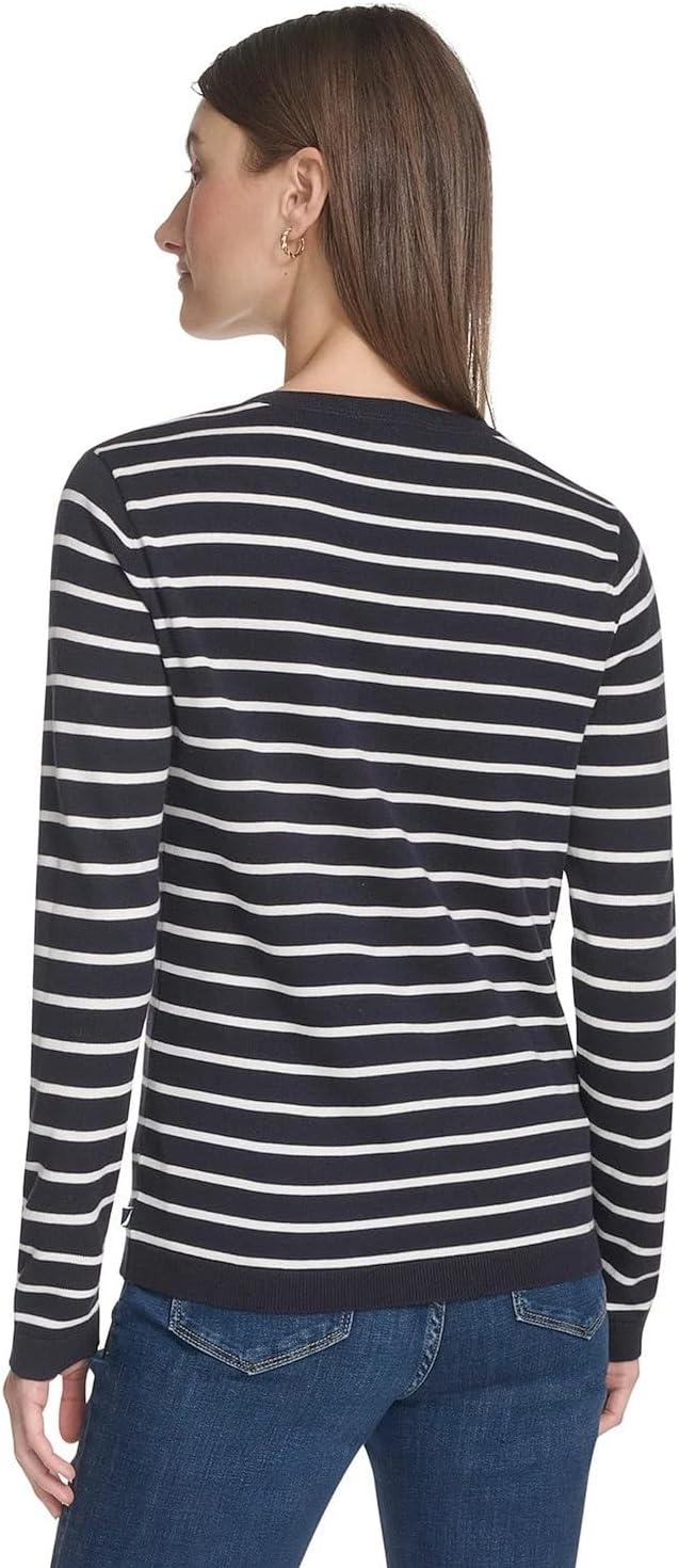 imageNautica Womens Long Sleeve Cable VNeck SweaterNight SkyWhite Swan