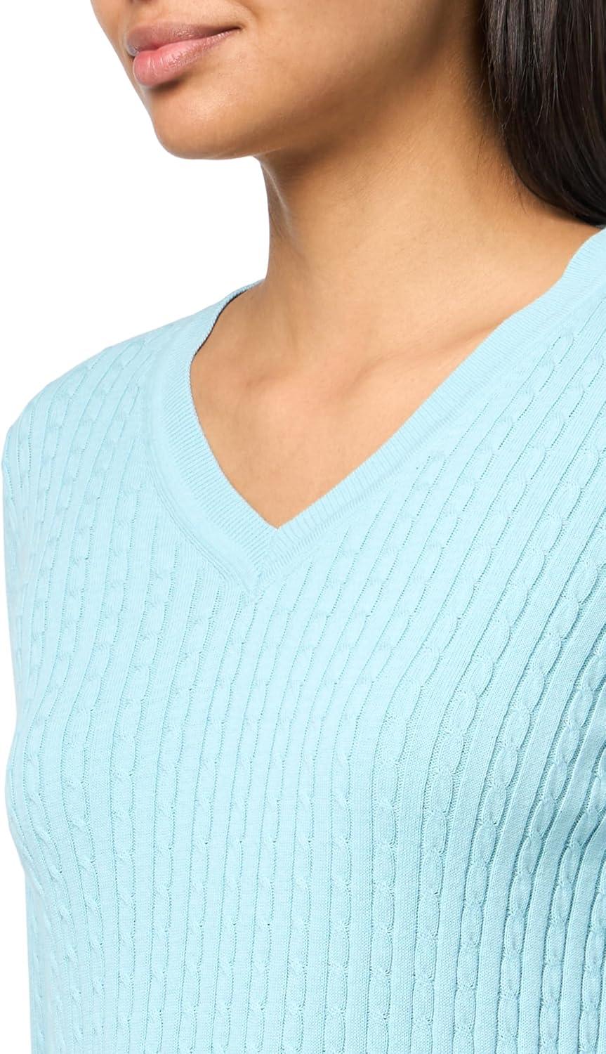 imageNautica Womens Long Sleeve Cable VNeck SweaterPorcelain Blue