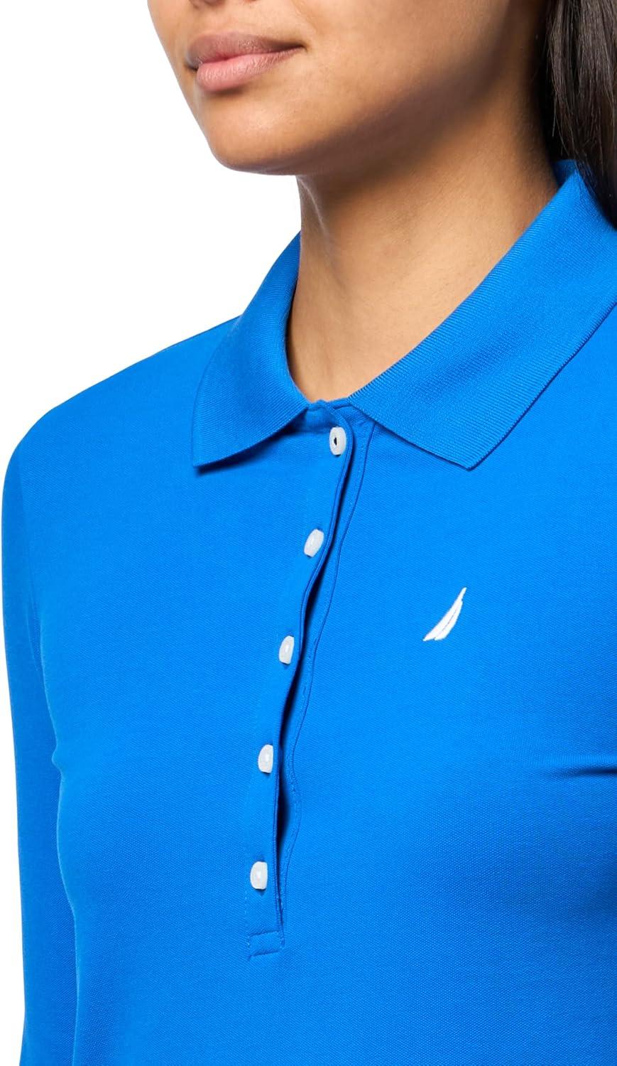 imageNautica Womens Long Sleeve Solid Collared Polo ShirtCerulean