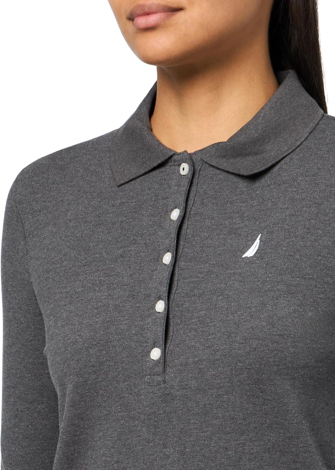 imageNautica Womens Long Sleeve Solid Collared Polo ShirtCharcoal Heather
