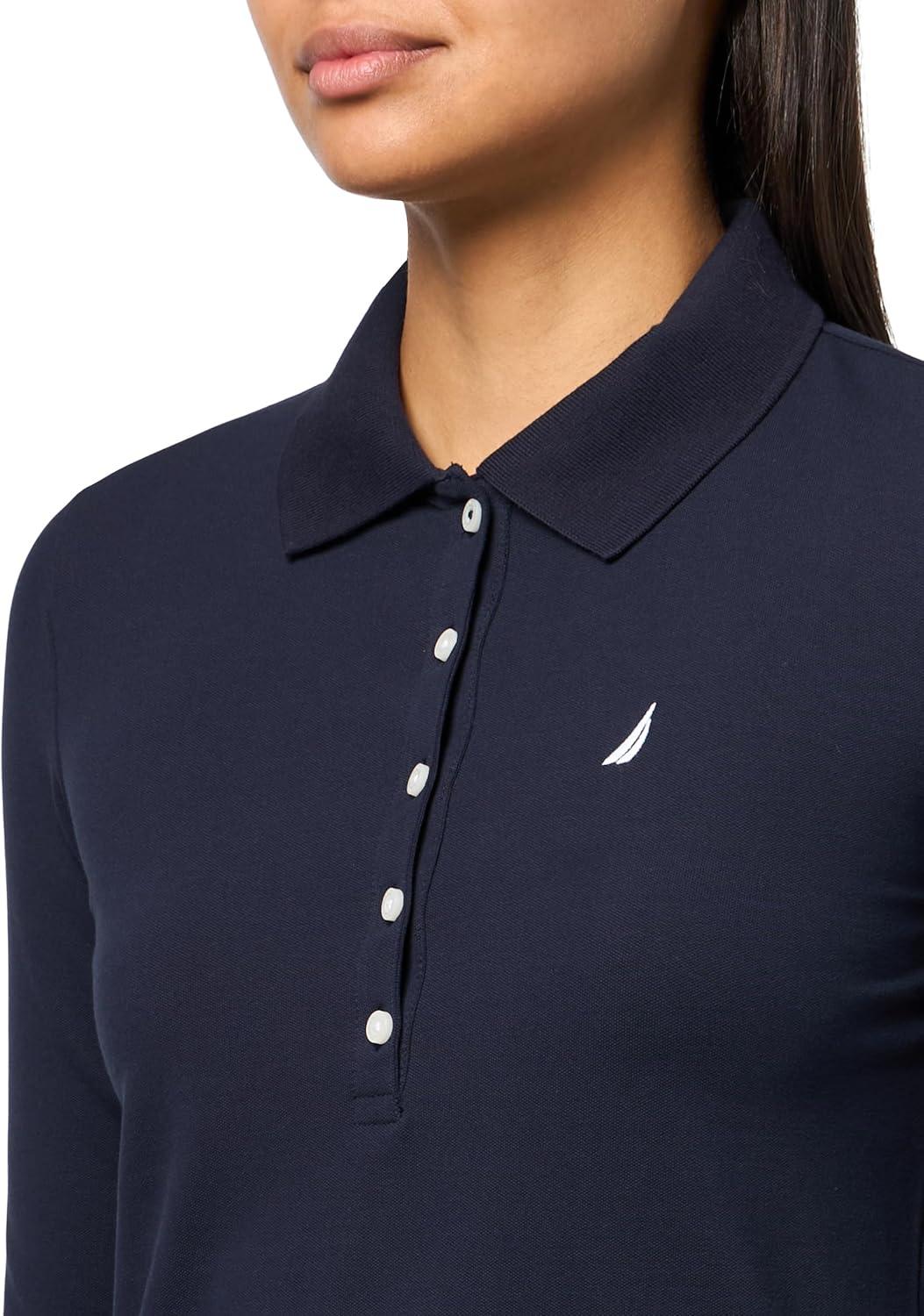 imageNautica Womens Long Sleeve Solid Collared Polo ShirtNight Sky