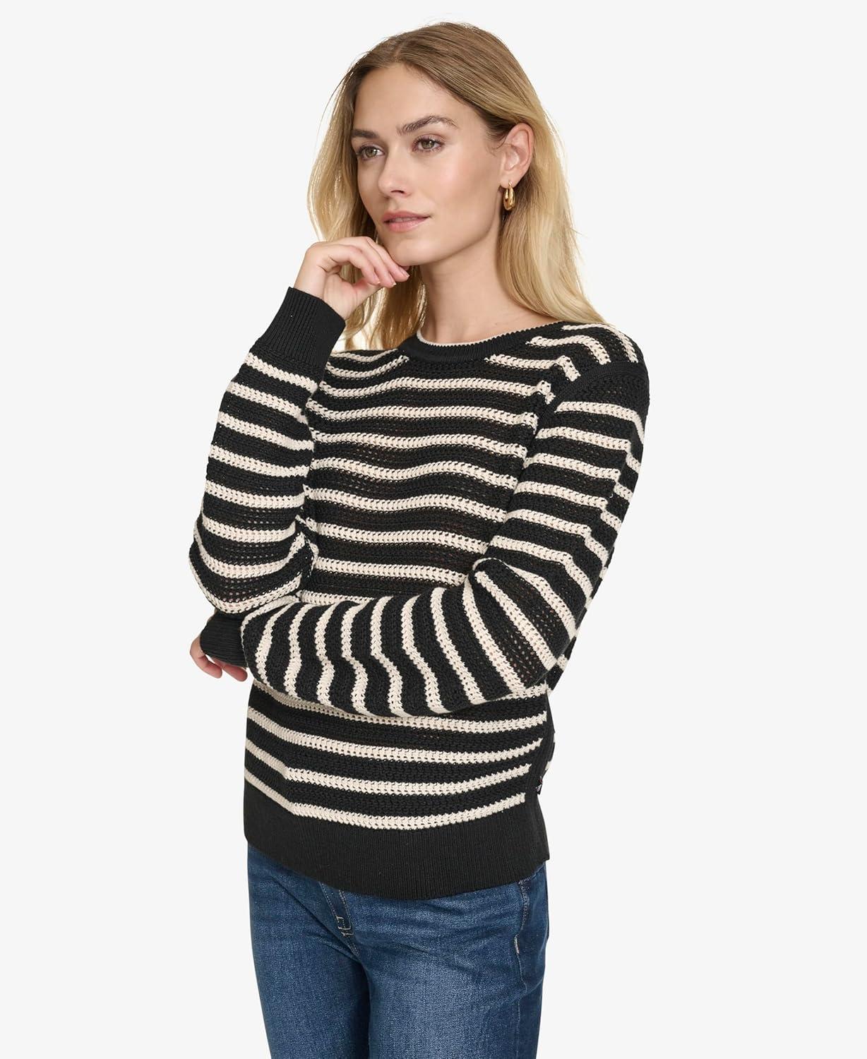 imageNautica Womens Long Sleeve Striped Crewneck SweaterBlackWhite Swan
