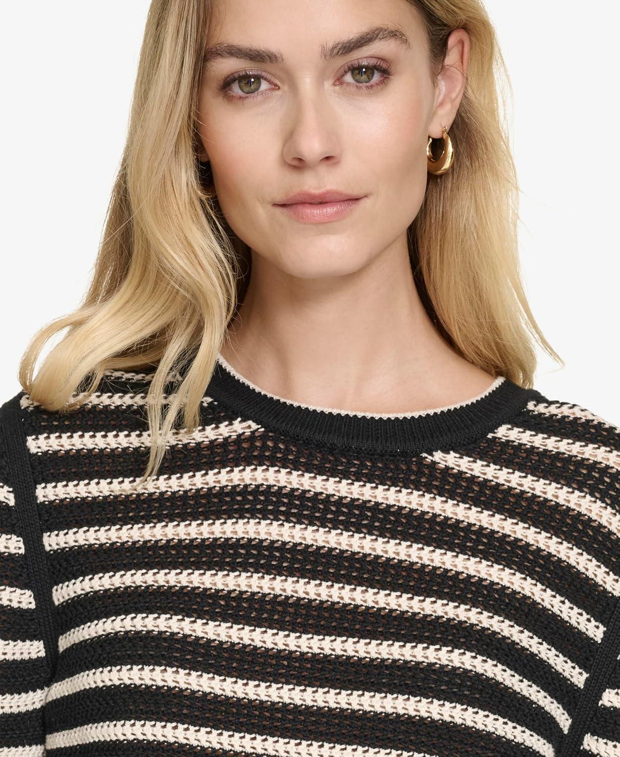 imageNautica Womens Long Sleeve Striped Crewneck SweaterBlackWhite Swan