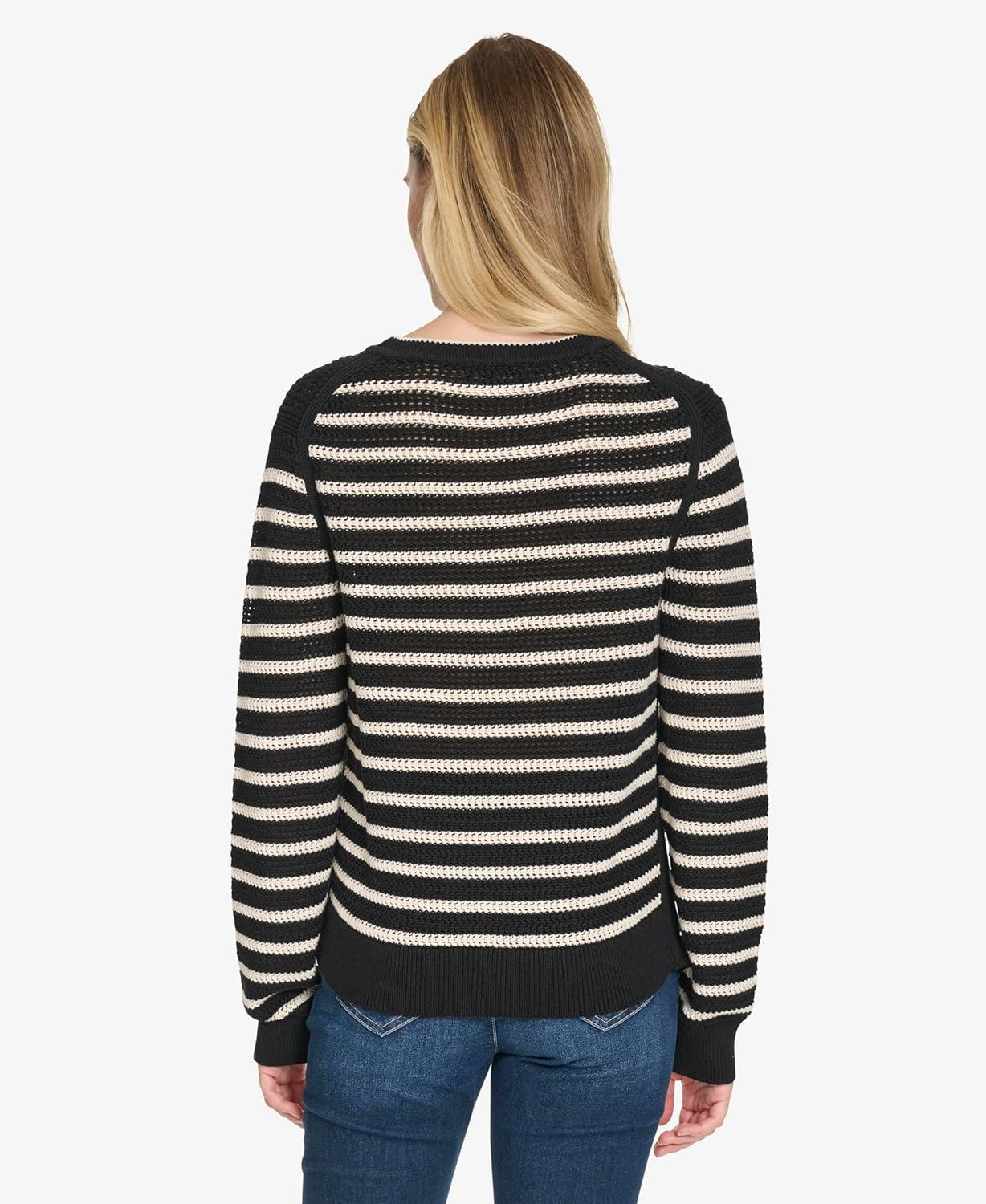 imageNautica Womens Long Sleeve Striped Crewneck SweaterBlackWhite Swan