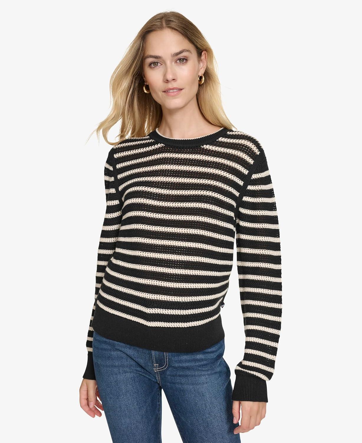 imageNautica Womens Long Sleeve Striped Crewneck SweaterBlackWhite Swan