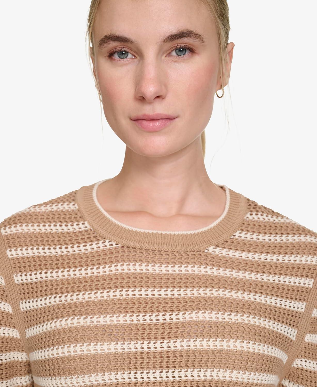 imageNautica Womens Long Sleeve Striped Crewneck SweaterCamelWhite Swan
