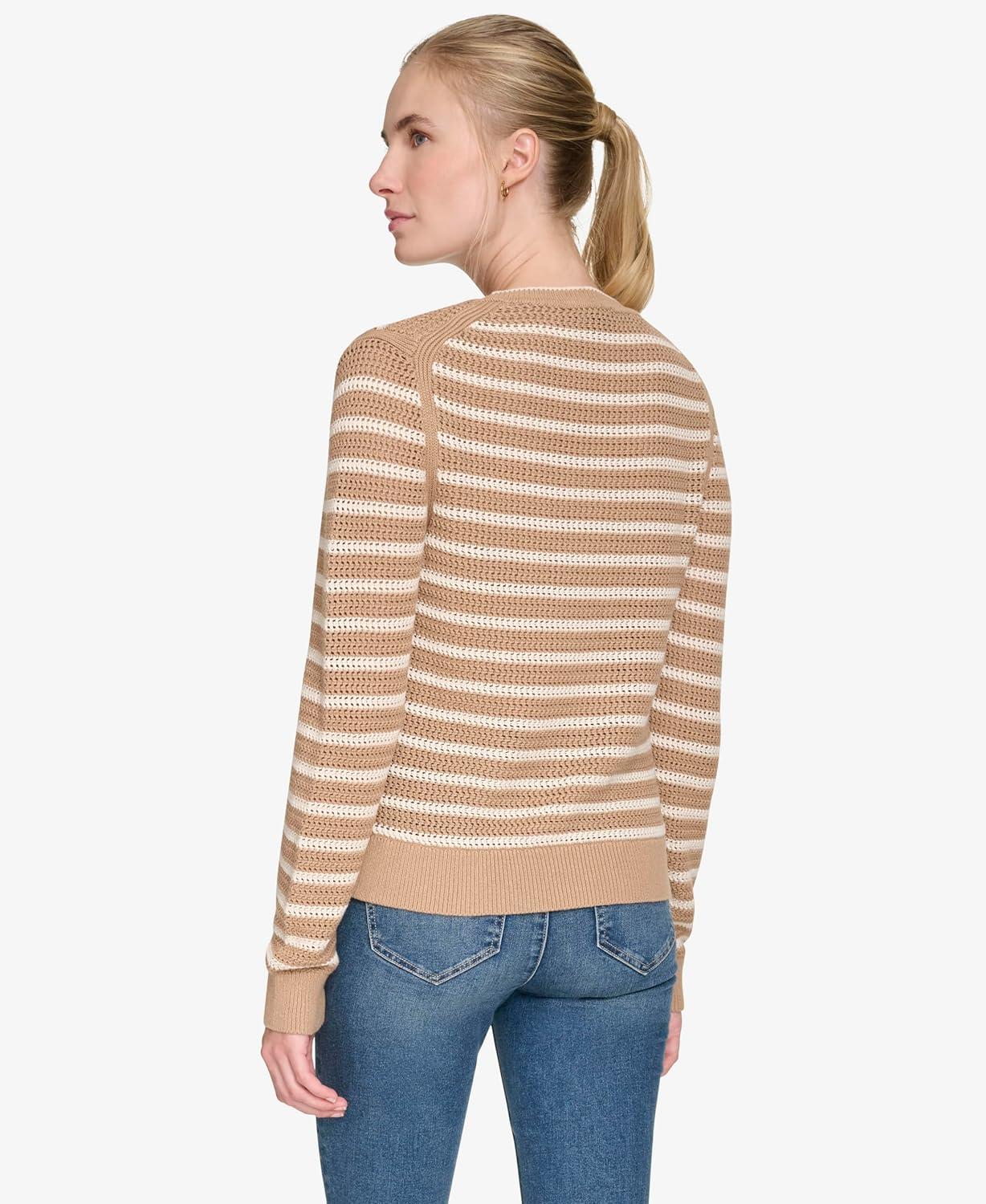 imageNautica Womens Long Sleeve Striped Crewneck SweaterCamelWhite Swan