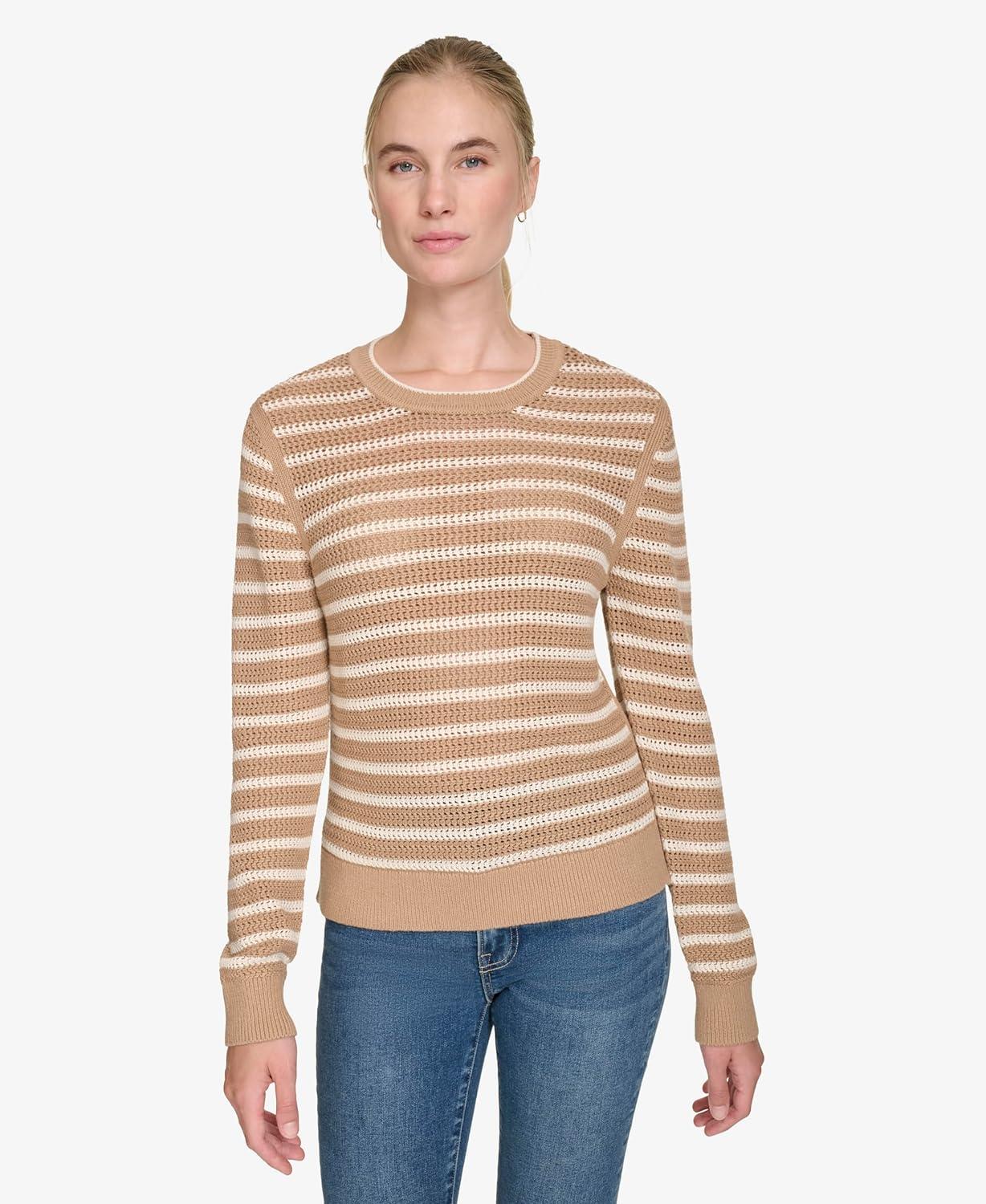 imageNautica Womens Long Sleeve Striped Crewneck SweaterCamelWhite Swan