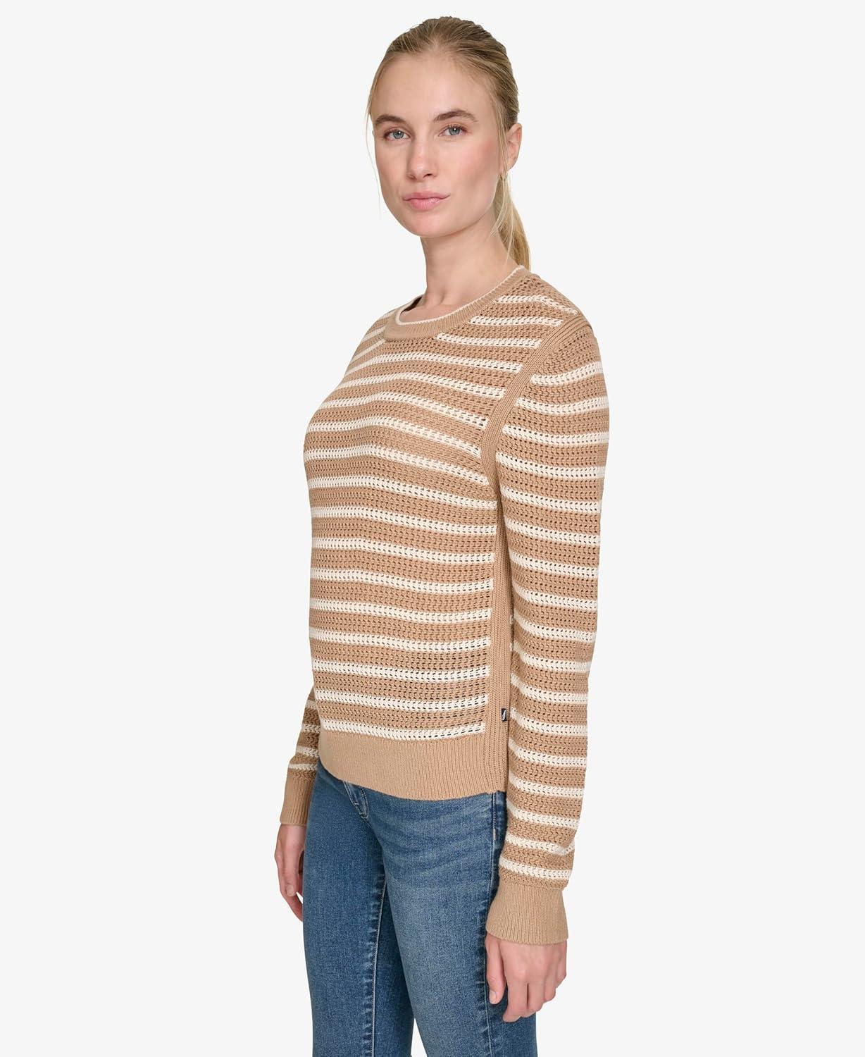 imageNautica Womens Long Sleeve Striped Crewneck SweaterCamelWhite Swan