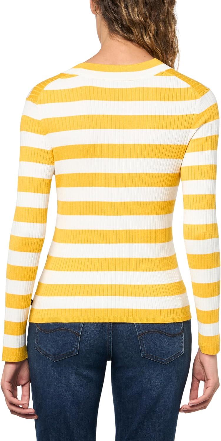 imageNautica Womens Long Sleeve Striped Vneck Ribbed SweaterGoldenrodIvory