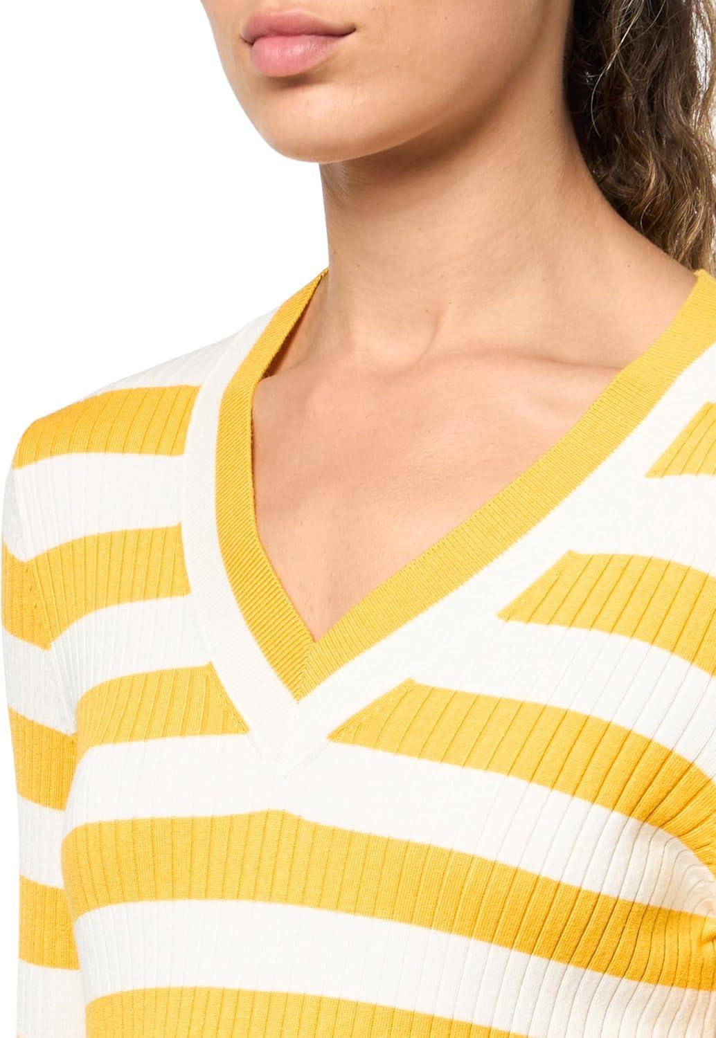imageNautica Womens Long Sleeve Striped Vneck Ribbed SweaterGoldenrodIvory