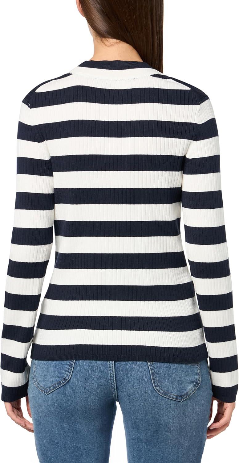 imageNautica Womens Long Sleeve Striped Vneck Ribbed SweaterNight SkyIvory