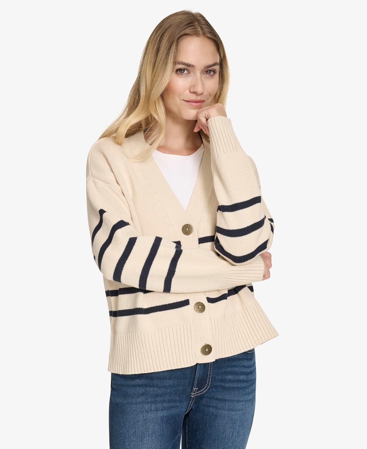 imageNautica Womens Long Sleeve VNeck Striped CardiganWhite SwanNight Sky