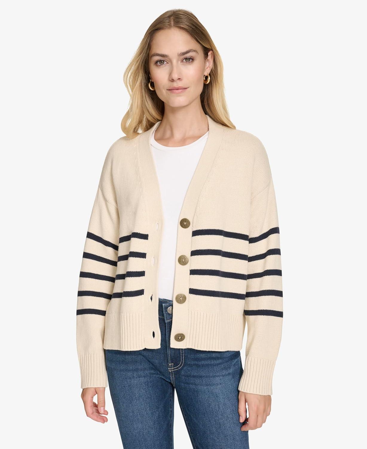 imageNautica Womens Long Sleeve VNeck Striped CardiganWhite SwanNight Sky