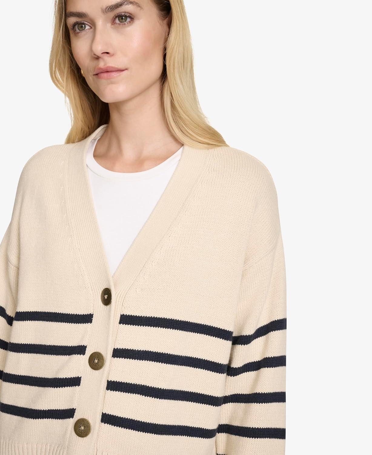 imageNautica Womens Long Sleeve VNeck Striped CardiganWhite SwanNight Sky