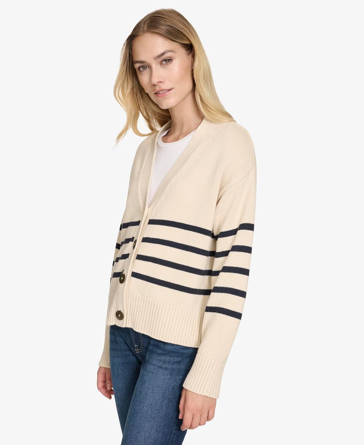 imageNautica Womens Long Sleeve VNeck Striped CardiganWhite SwanNight Sky