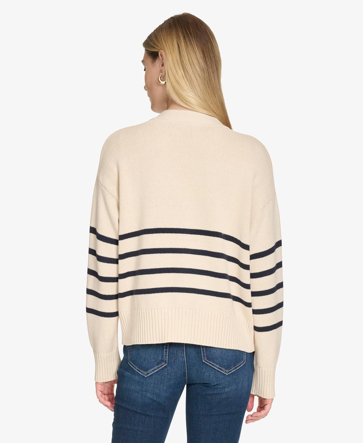 imageNautica Womens Long Sleeve VNeck Striped CardiganWhite SwanNight Sky
