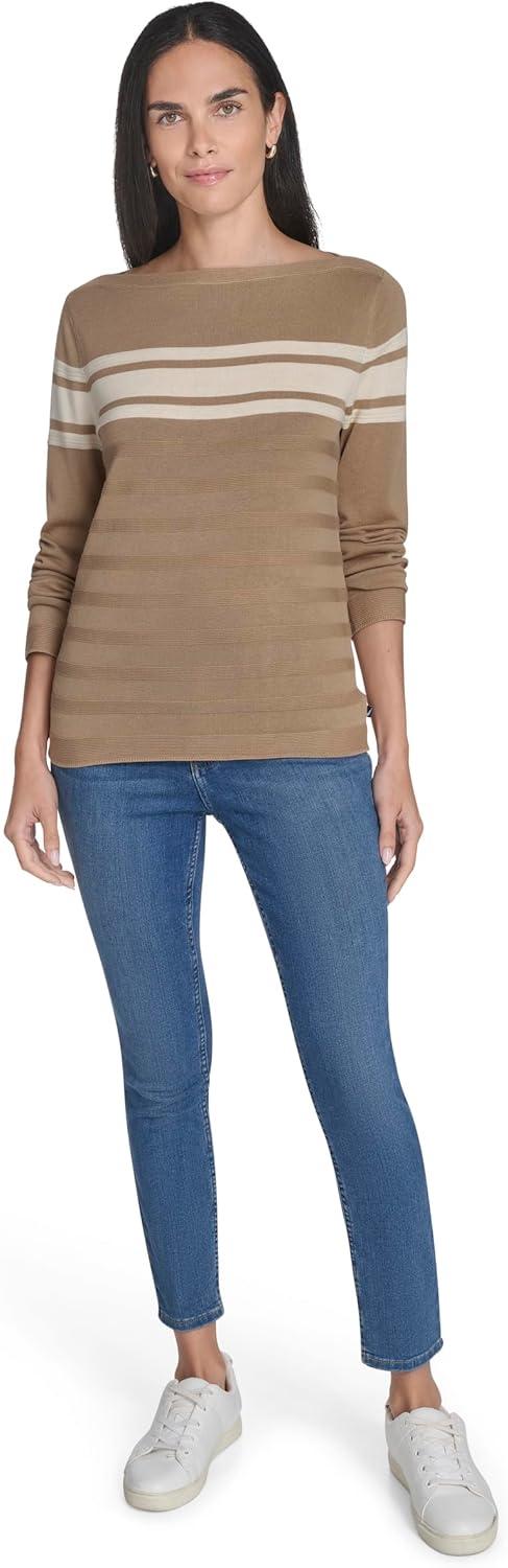 imageNautica Womens Mariner Stripe Pullover Boatneck Long SleeveCamel Multi