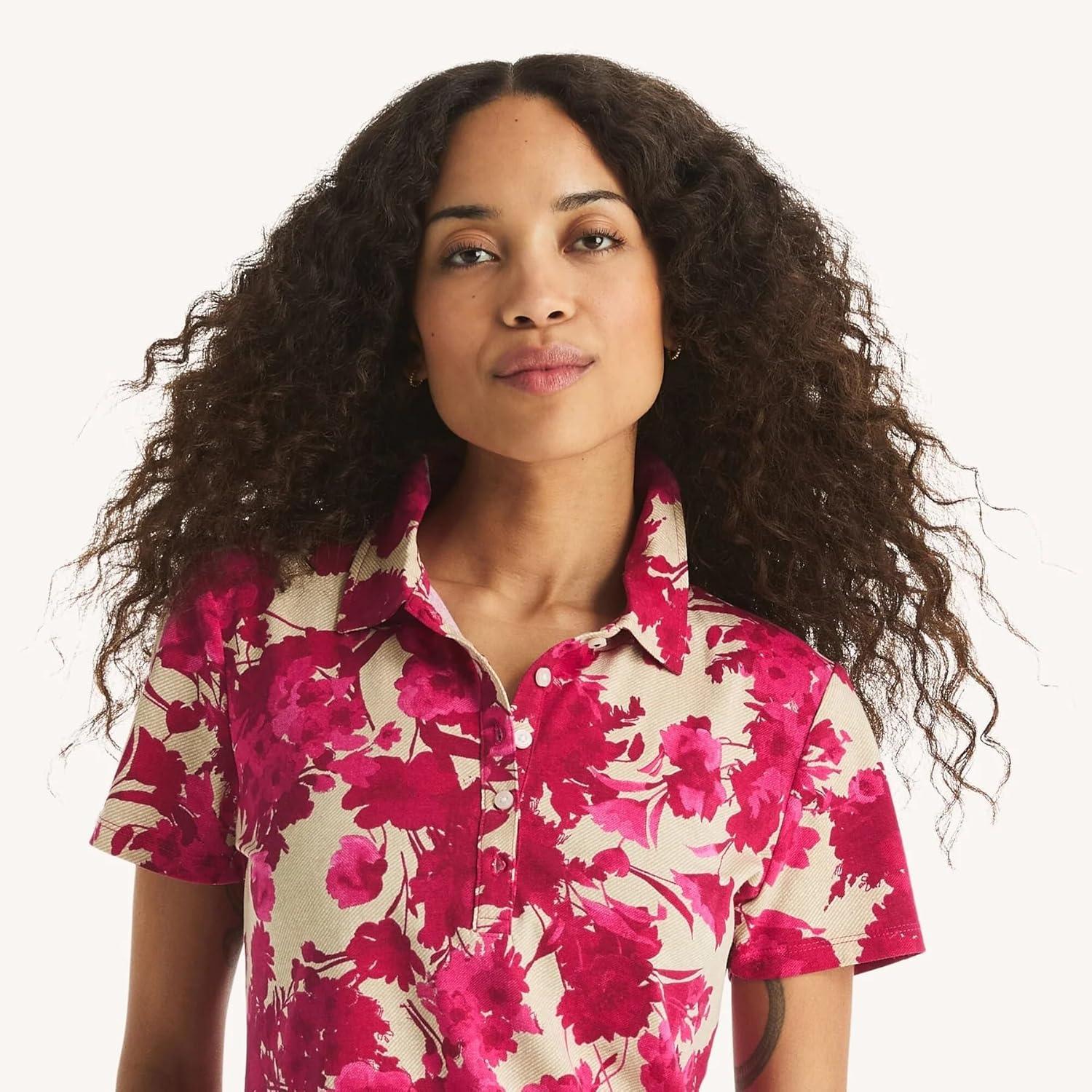 imageNautica Womens Polo Short Sleeve Button Placket PoloAster Pink Multi