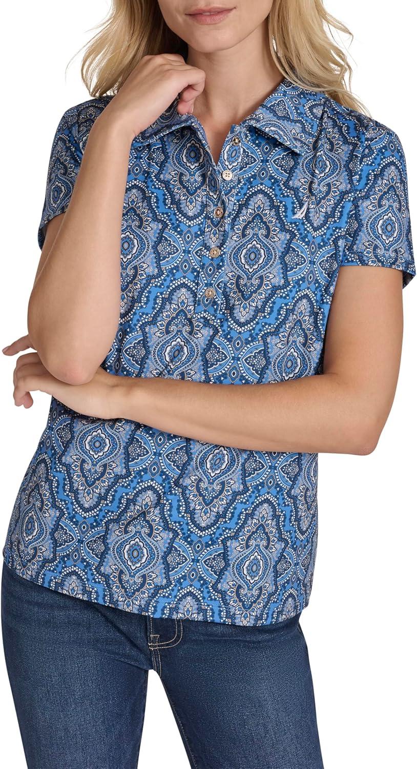imageNautica Womens Short Sleeve Collared Cotton Interlock Soft Touch PoloFrench Blue Multi