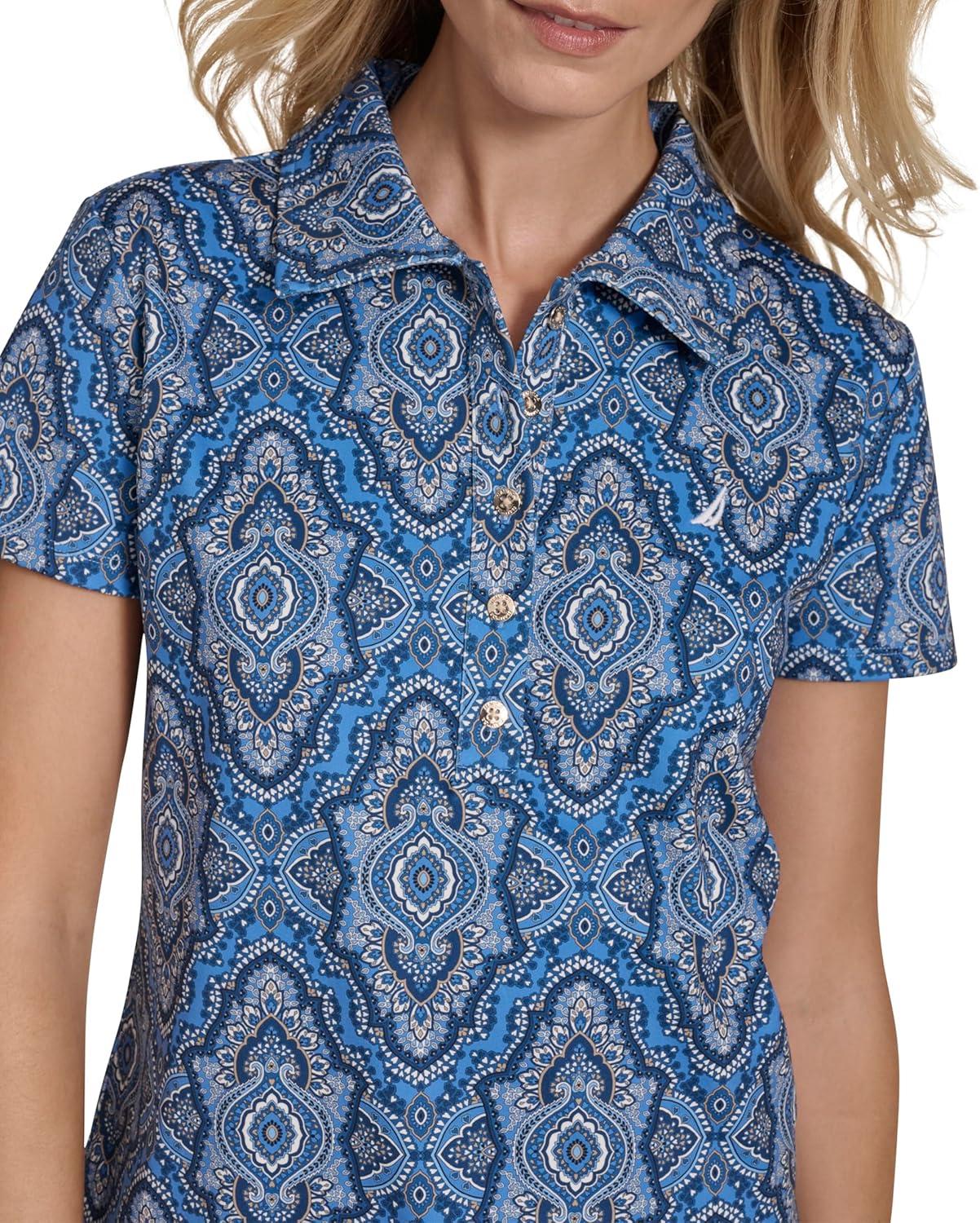 imageNautica Womens Short Sleeve Collared Cotton Interlock Soft Touch PoloFrench Blue Multi