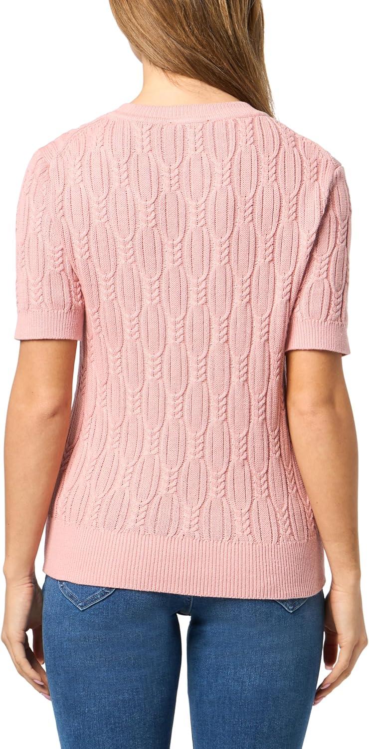 imageNautica Womens Short Sleeve Crew Neck Cable Solid SweaterBridal Rose