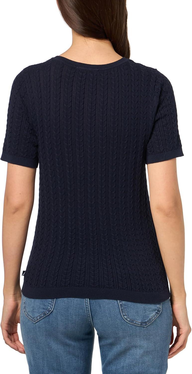 imageNautica Womens Short Sleeve Crew Neck Cable Solid SweaterNight Sky