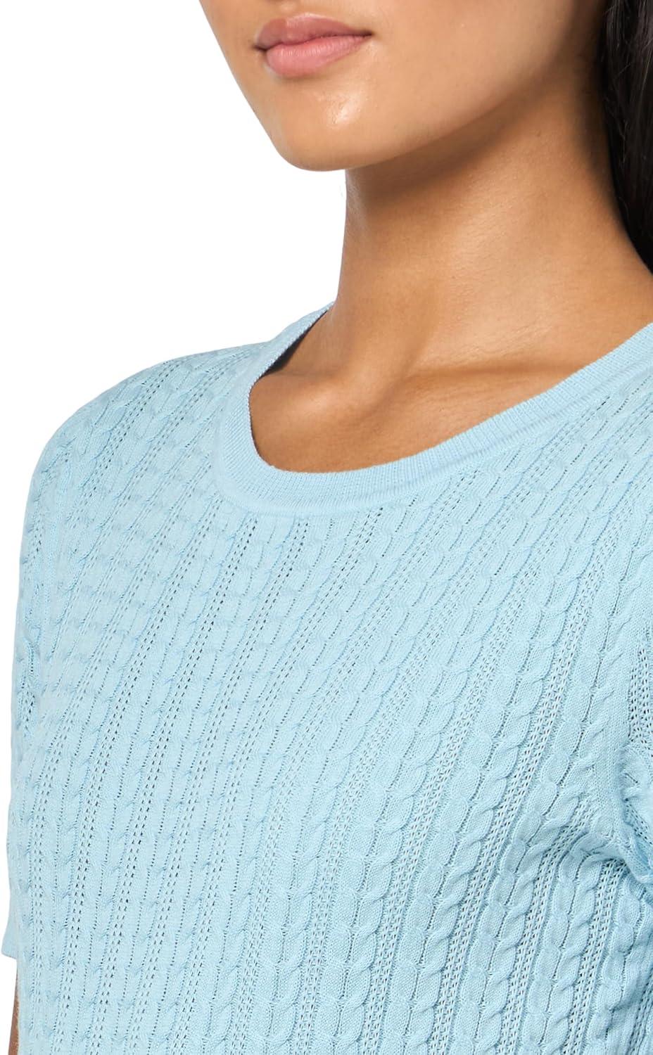 imageNautica Womens Short Sleeve Crew Neck Cable Solid SweaterPorcelain Blue