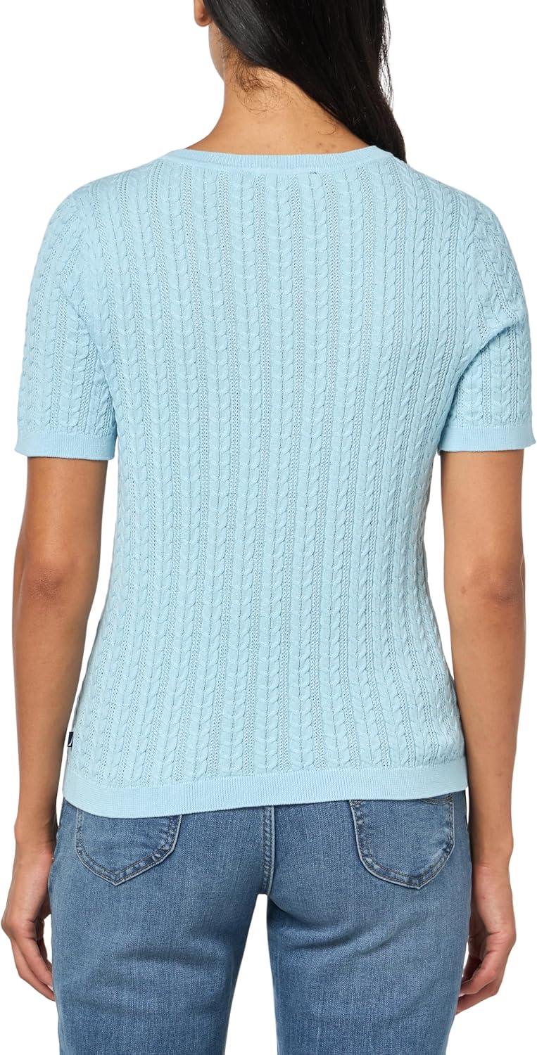 imageNautica Womens Short Sleeve Crew Neck Cable Solid SweaterPorcelain Blue