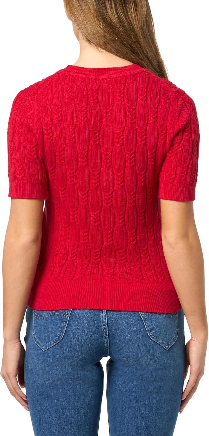 imageNautica Womens Short Sleeve Crew Neck Cable Solid SweaterScarlet