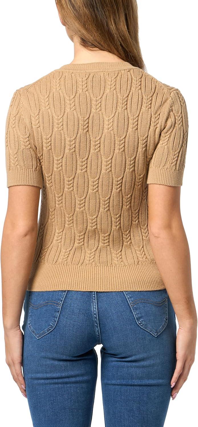 imageNautica Womens Short Sleeve Crew Neck Cable Solid SweaterTannin