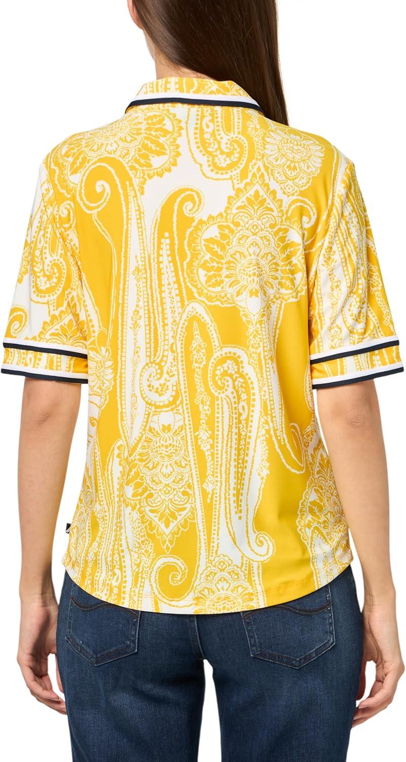 imageNautica Womens Short Sleeve Knit Paisley Print Collared PoloGoldenrodIvory