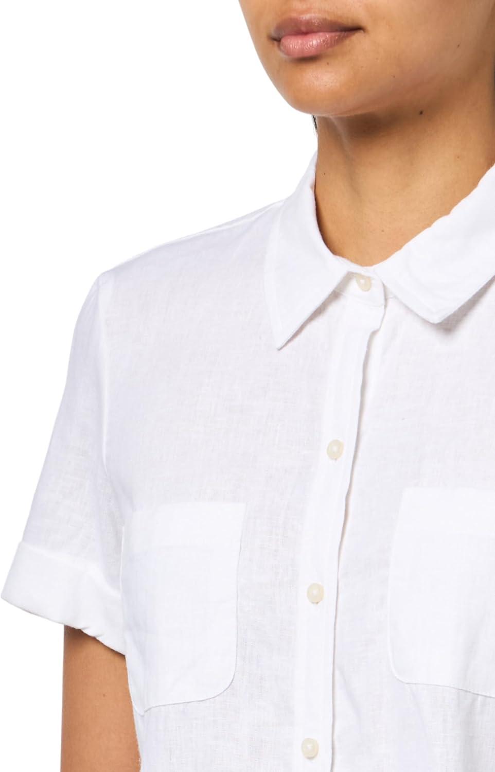 imageNautica Womens Short Sleeve Linen Blend Button Up Collared Camp ShirtBright White
