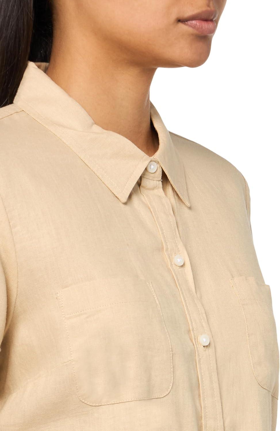 imageNautica Womens Short Sleeve Linen Blend Button Up Collared Camp ShirtIrish Cream