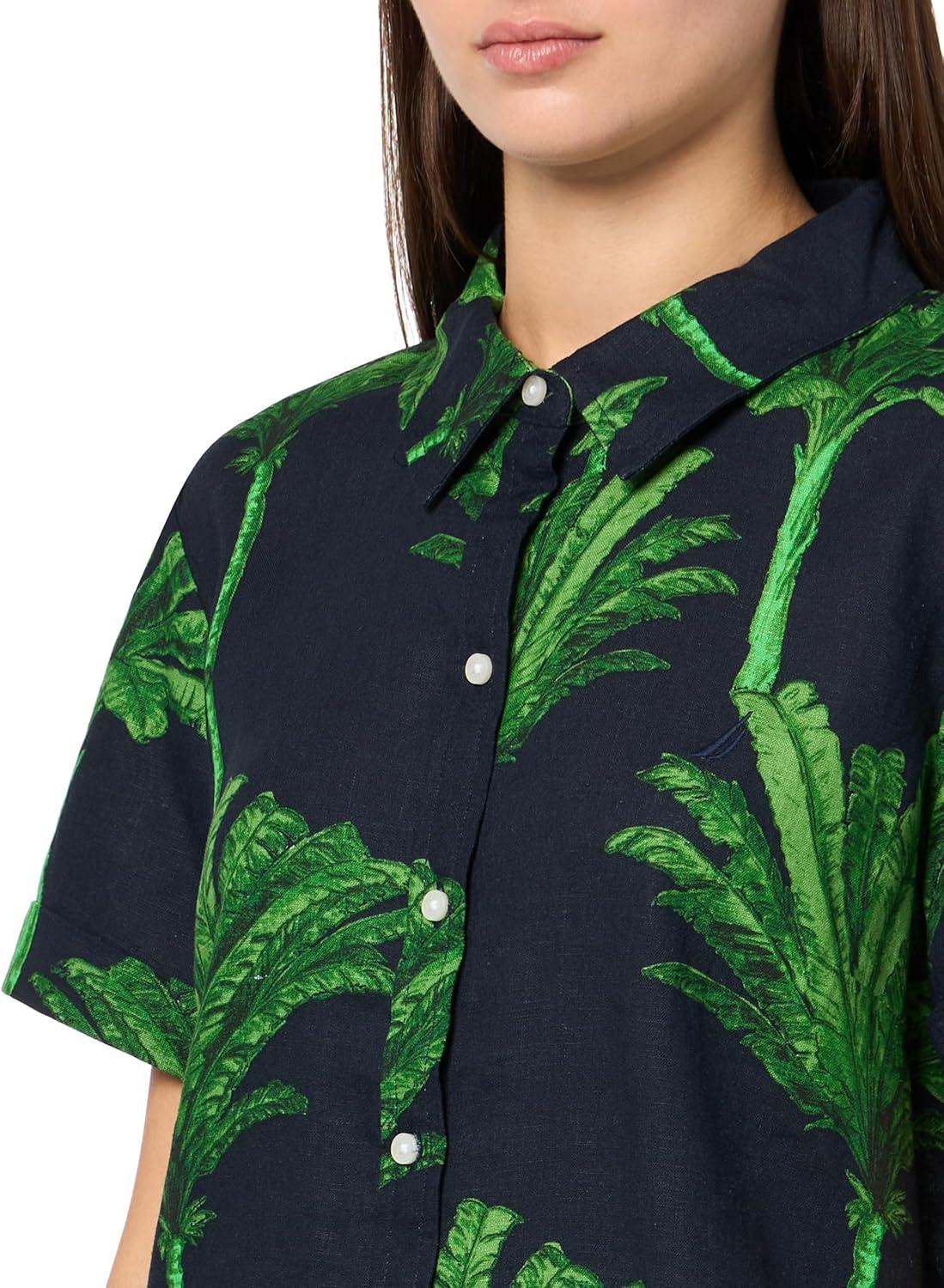 imageNautica Womens Short Sleeve Linen Blend Button Up Collared Camp ShirtNight Sky Multi