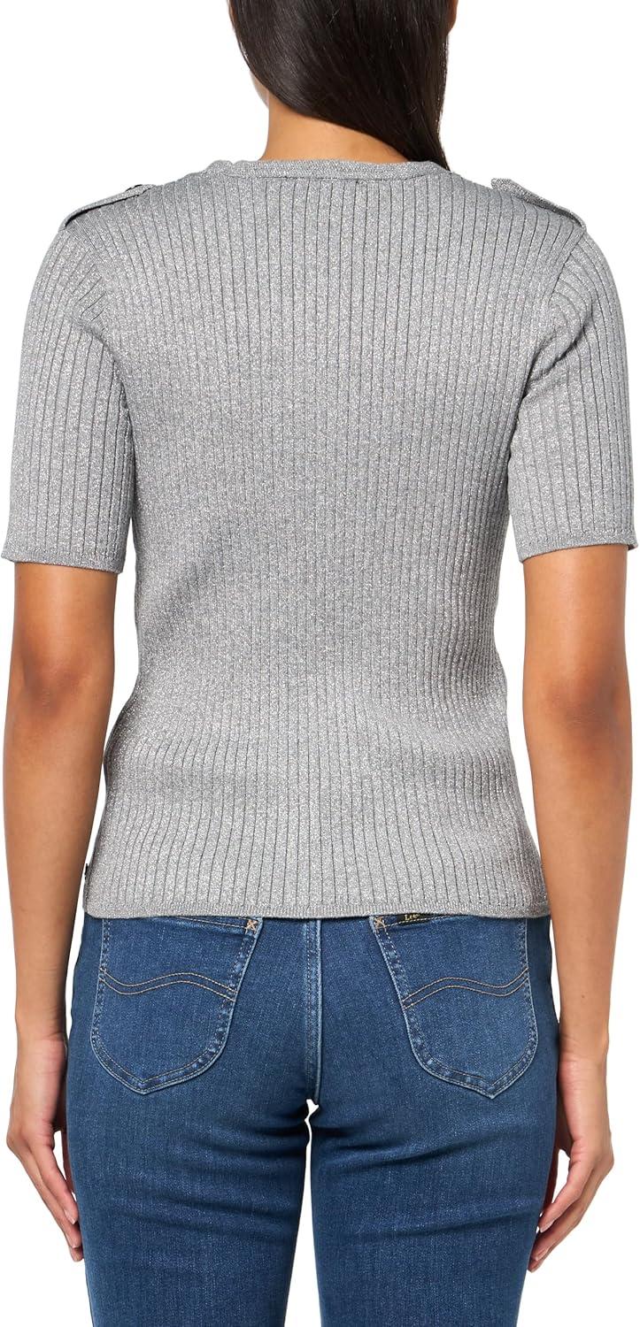 imageNautica Womens Short Sleeve Lurex VNeck PulloverHeather Mist With Silver
