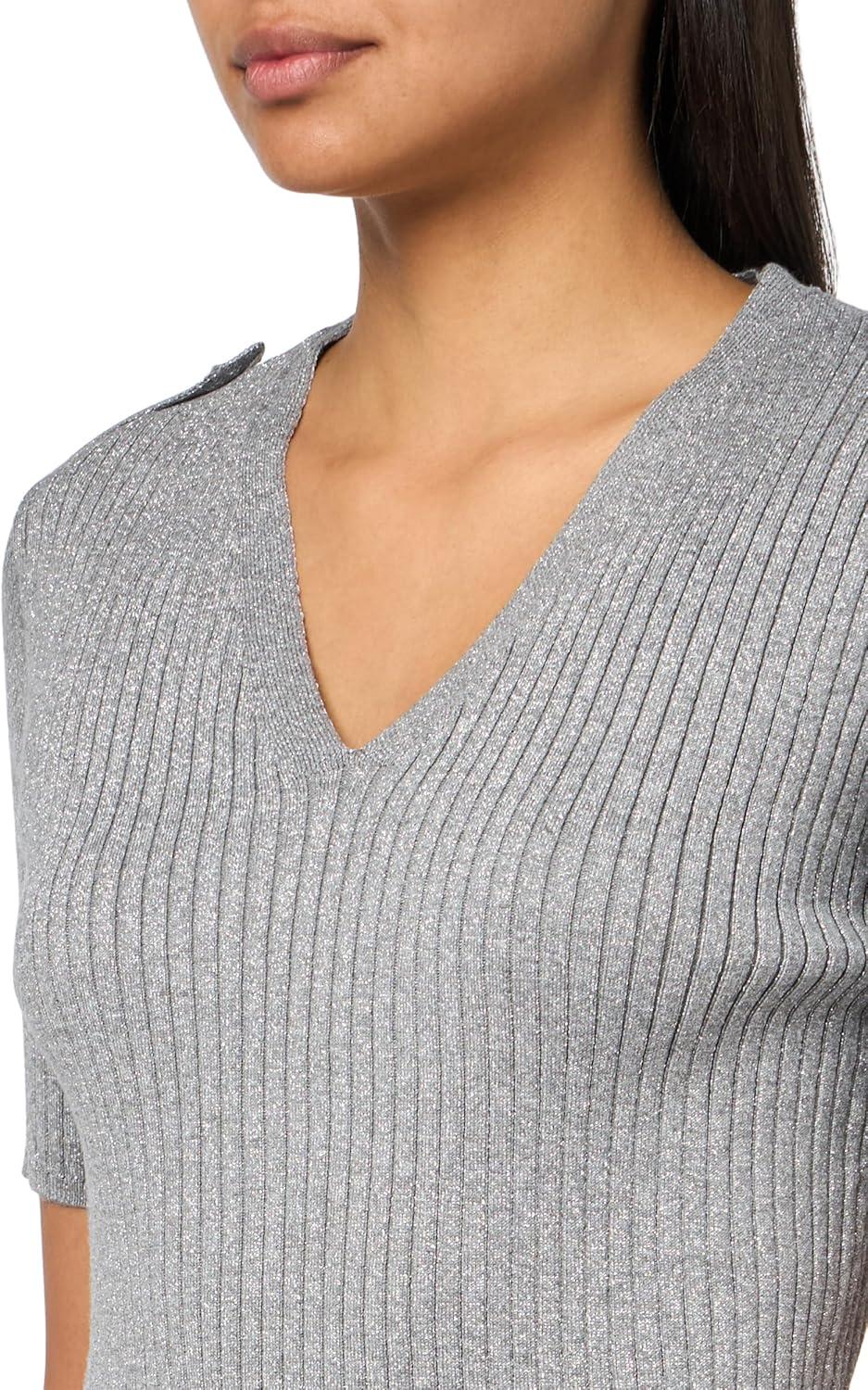 imageNautica Womens Short Sleeve Lurex VNeck PulloverHeather Mist With Silver