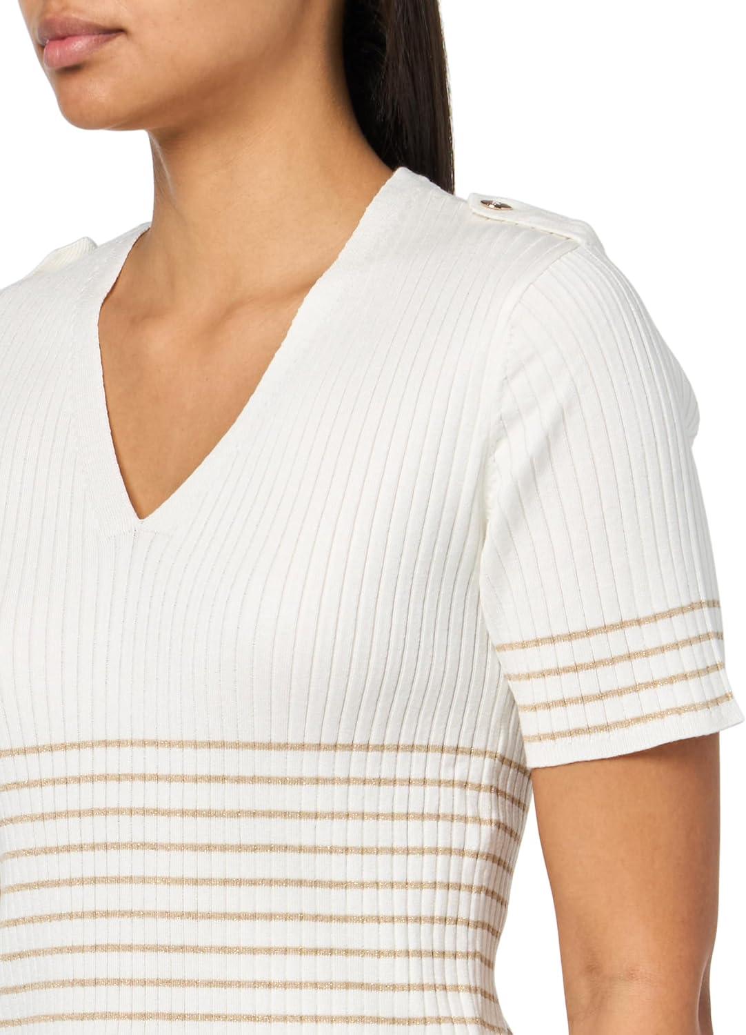 imageNautica Womens Short Sleeve Lurex VNeck PulloverIvory Multi