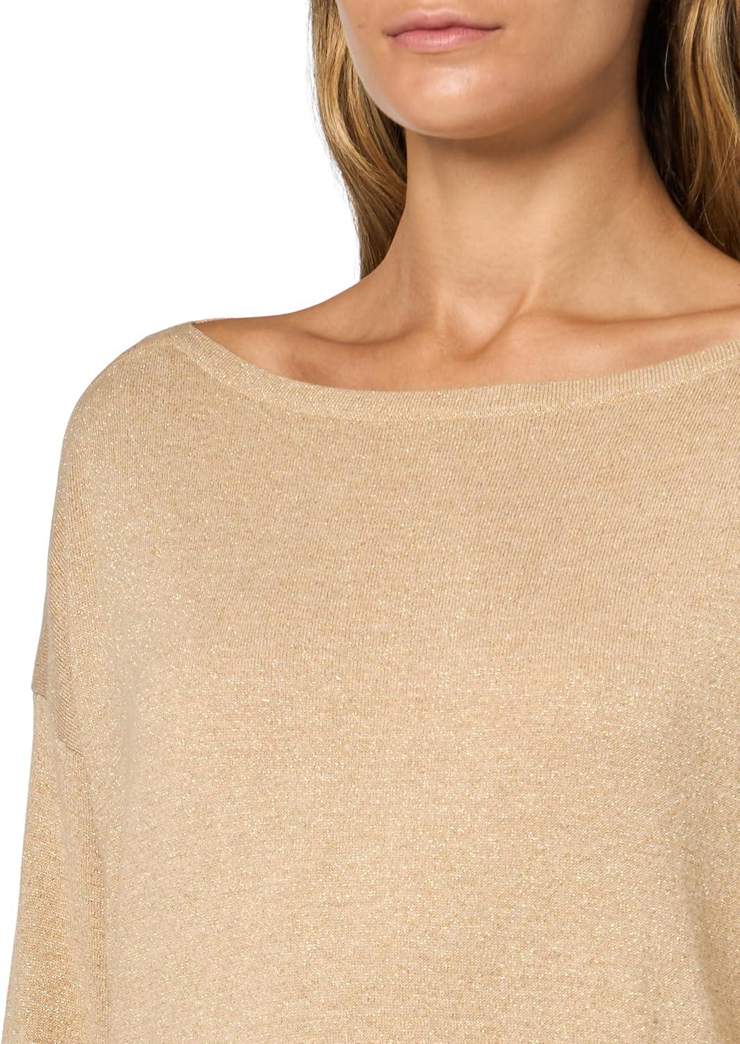 imageNautica Womens Short Sleeve Lurex VNeck PulloverLight FawnGold