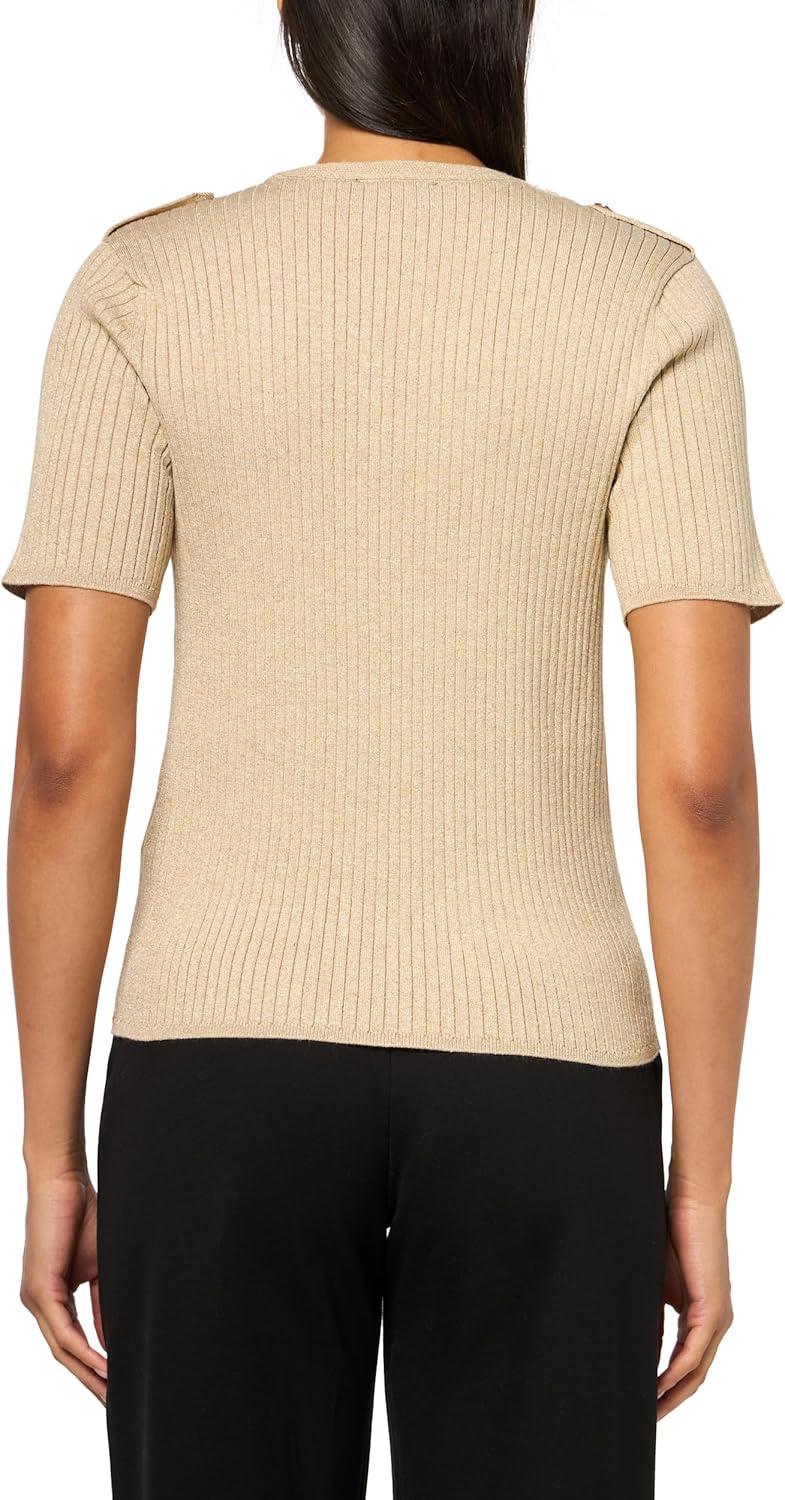 imageNautica Womens Short Sleeve Lurex VNeck PulloverLight Heather Fawn With Gold