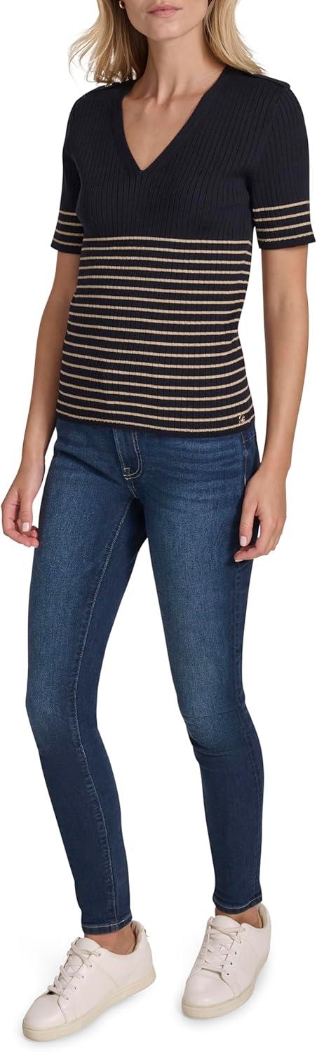 imageNautica Womens Short Sleeve Lurex VNeck PulloverNight Sky Multi