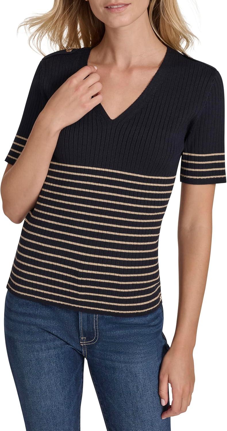 imageNautica Womens Short Sleeve Lurex VNeck PulloverNight Sky Multi
