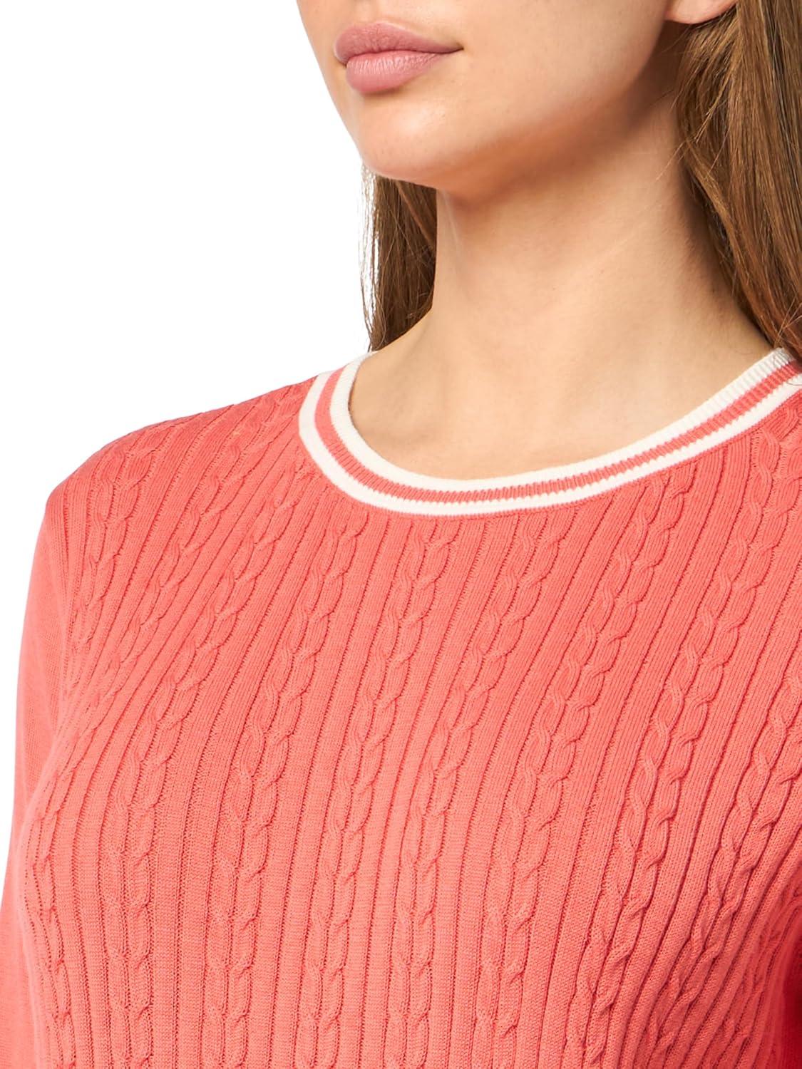 imageNautica Womens Solid Cable Long Sleeve Tipped SweaterCoralieIvory